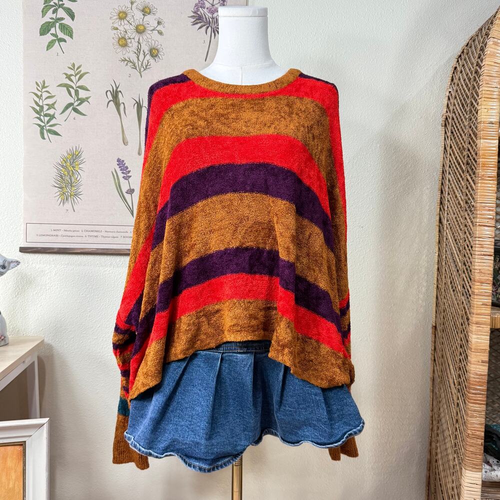 Free People Oversized Slouchy Striped Chenille Sweater Grunge Skater One Size